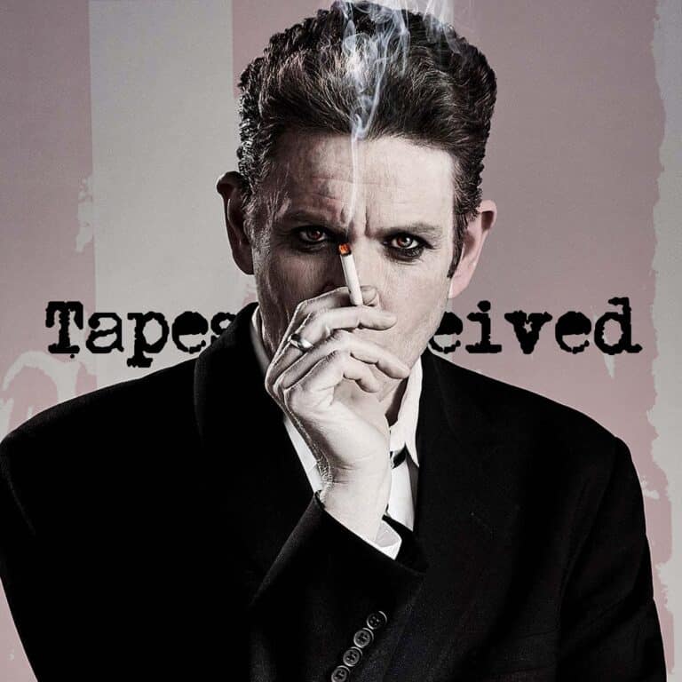 Cassette Culture Tapes Received episosde. Image of Chris Connelly (Fini Tribe) with the words "tapes received" in American Typewriter font behind him